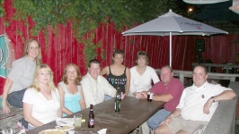 Dee Anne Herron, Julie Trent Denton, Samona Hendricks Votaw and her hubby, Nolita Stewart Morgan, Suzanne Nichols Van Cooten, Matt Carter and Darrin Moser on the patio at Brother's